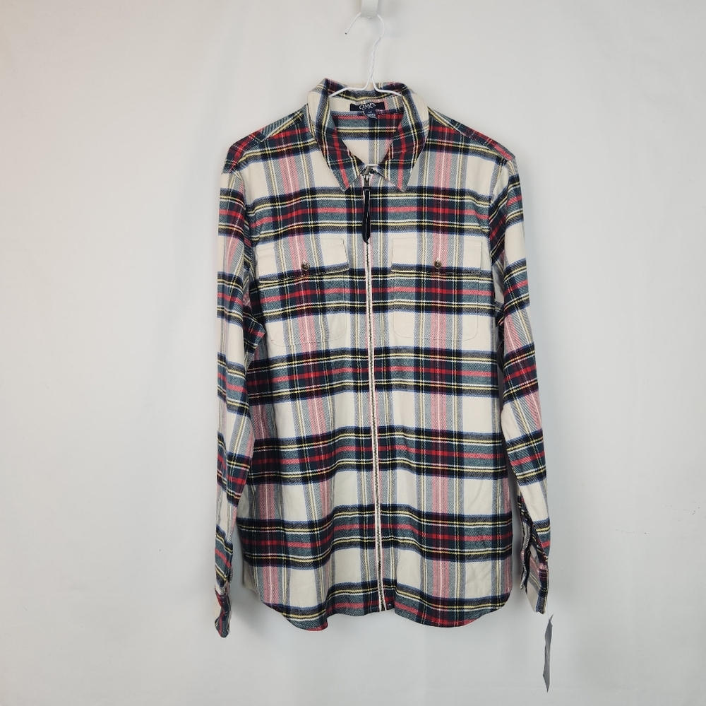 CHAPS NWT Flannel Shirt Jacket Full Zip Plaid 100% Cotton Large